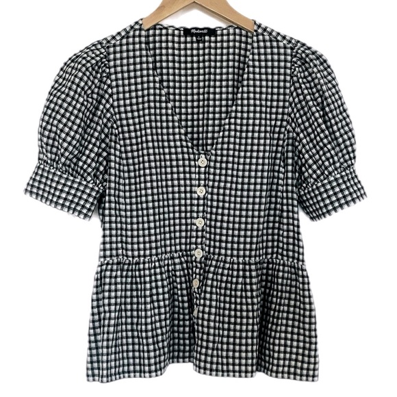 NWOT Madewell Brushed Gauze Puff Sleeve Peplum Top in Gingham Check Size Small - Picture 1 of 6